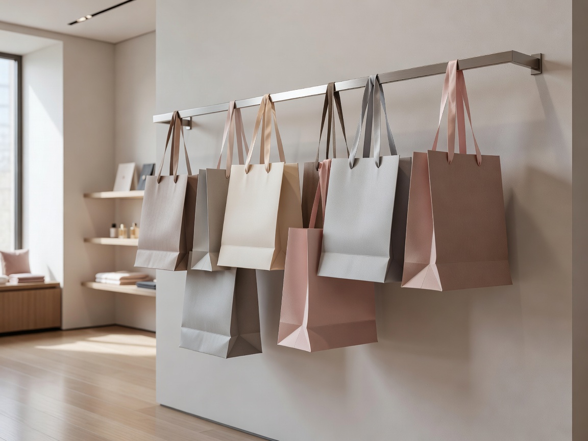 Boutique retail paper shopper bags hanging elegantly in natural boutique studio