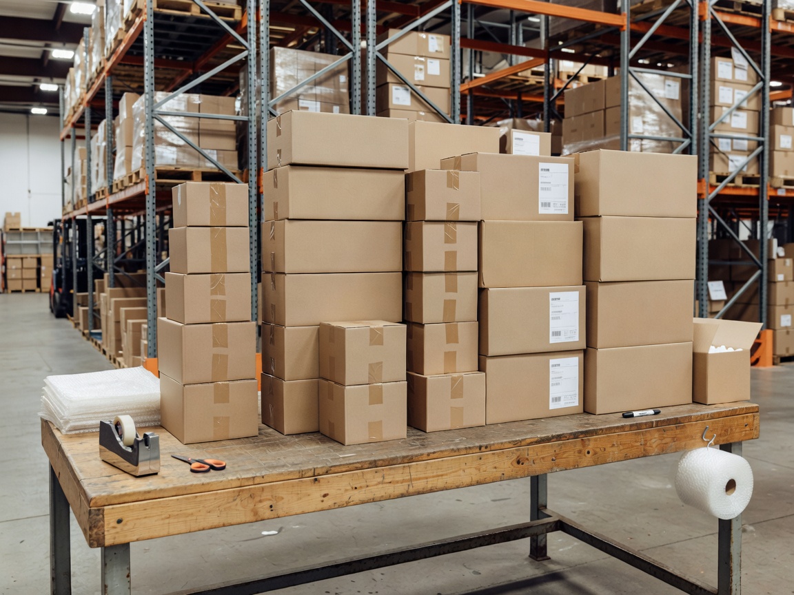 Macerated recycled paper padded mailer stack in fulfillment warehouse