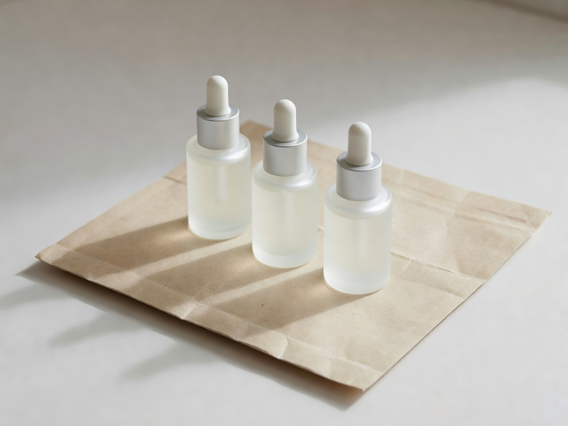 Minimalist cosmetic dropper bottles presented on natural paper packaging