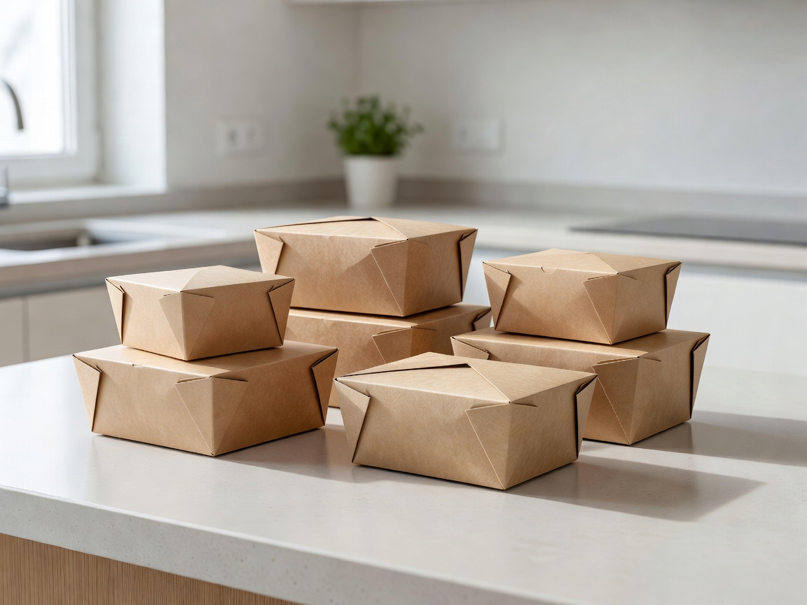 Recyclable kraft paper food boxes on a clean kitchen surface ready for meal preparation