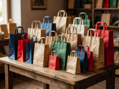 Retail shopping paper bags on wooden display